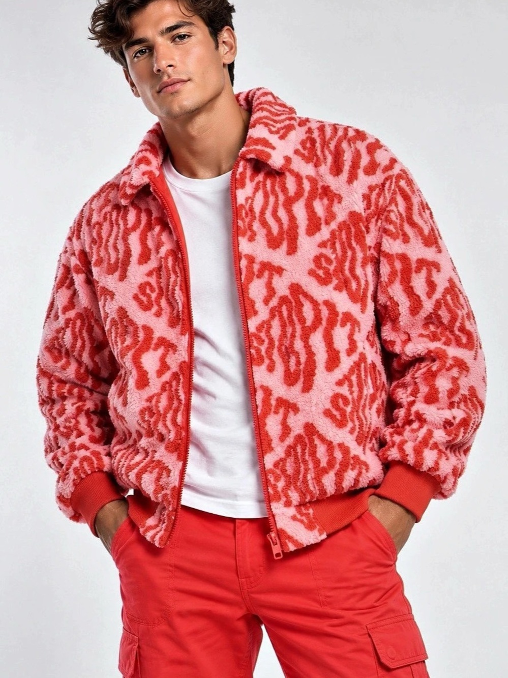 ASOS DESIGN oversized zip up jacket in teddy with all over graphic text print